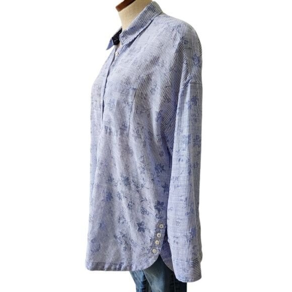 Anthropologie Postmark  Blue White Striped Floral Long Sleeve Button Up … - Picture 4 of 12